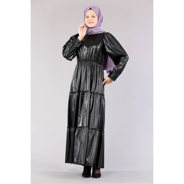 Tekbir  5055 Leather Layered Dress Black