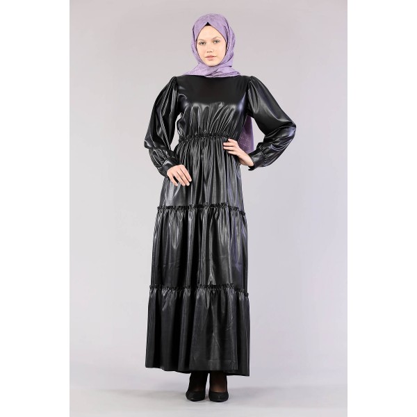 Tekbir  5055 Leather Layered Dress Black