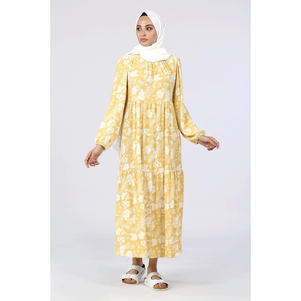 Tekbir Floral Patterned Dress With Elastic Sleeves