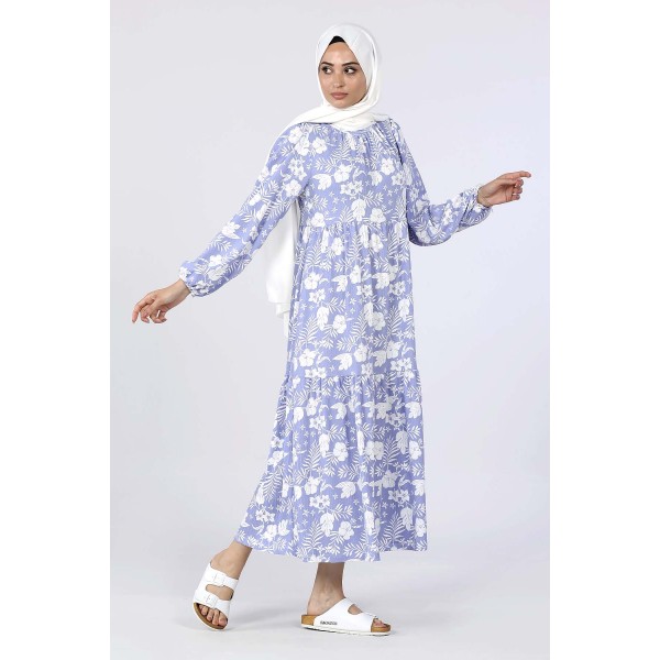 Tekbir Floral Patterned Dress With Elastic Sleeves