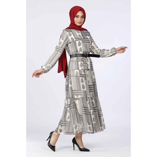 Tekbir Aşk Şima Square Stripe Patterned Floral Dress