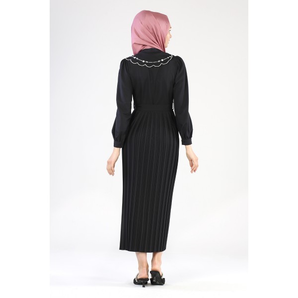 Tekbir Embroidered Collar Dress Black