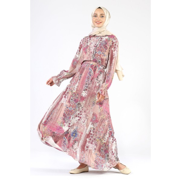 Tekbir Floral Patterned Chiffon Dress Red