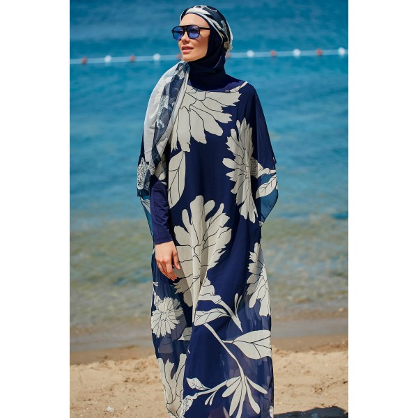 غطاء بوركيني مارينا فلورال أزرق كحلي Pareo Kaftan P2348