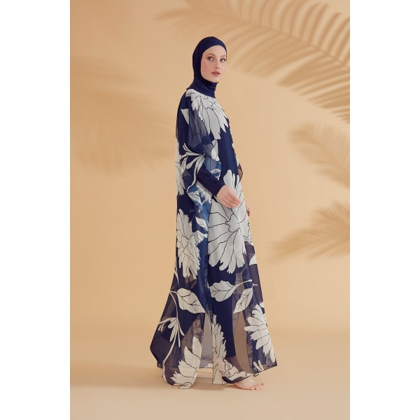 غطاء بوركيني مارينا فلورال أزرق كحلي Pareo Kaftan P2348