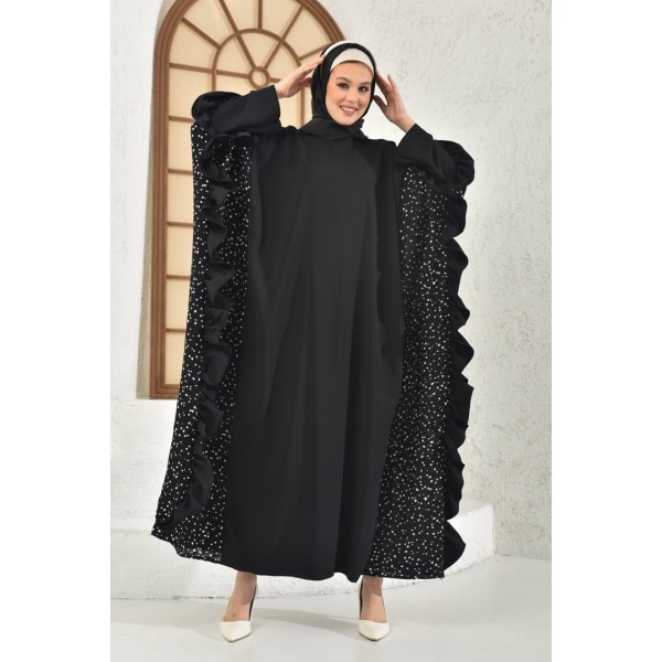 Filizzade Woman Abaya Unlined - Crew neck and Frill Detailed