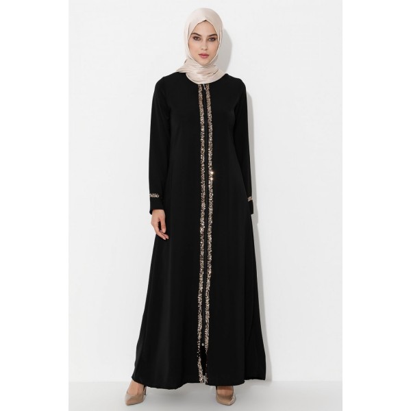 Filizzade Woman Abaya Unlined Crew neck Sequin Detailed