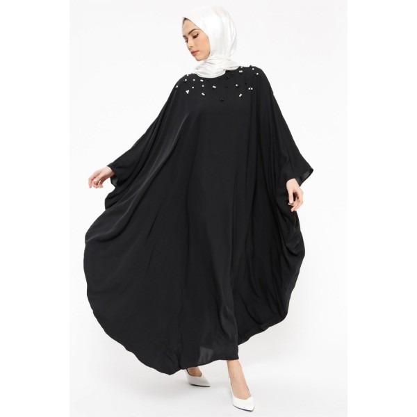 Filizzade Woman abaya Unlined - Crew neck Pearl Detailed