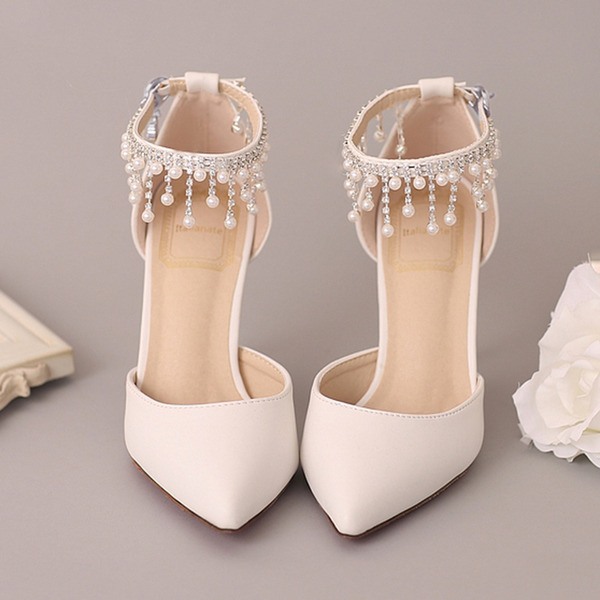 أحذية الزفاف المرأة Leatherette Stiletto كعب مغلقة مضخات إصبع القدم مع لؤلؤة التقليد