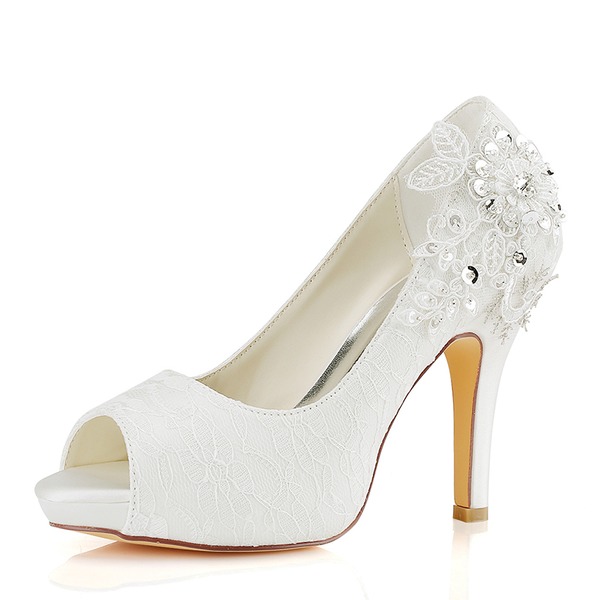 Wedding Shoes Women's Silky Satin Stiletto Heel Peep Toe Pumps Sandals With Stitching Lace