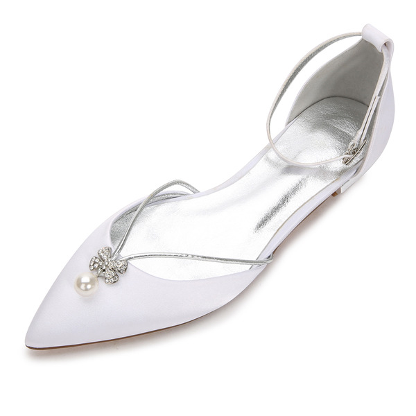 Wedding Shoes Women's Silky Satin Flat Heel Closed Toe Flats With Crystal