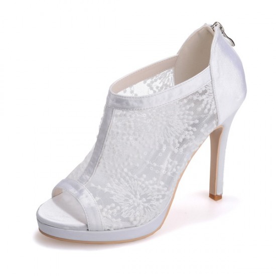 Wedding Shoes Women's Lace Satin Stiletto Heel Peep Toe Platform Sandals 