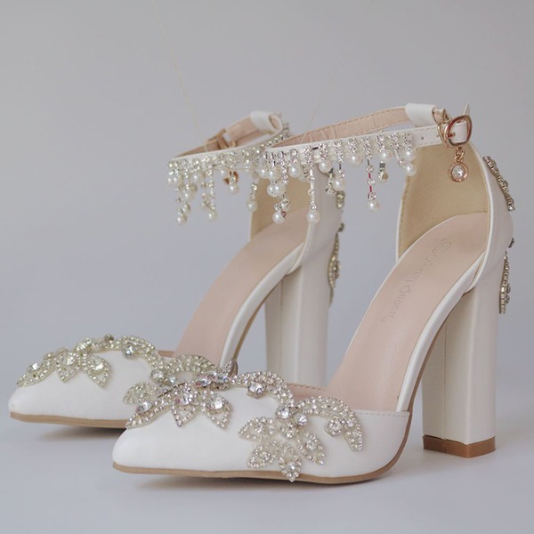 أحذية الزفاف المرأة Leatherette Chunky كعب مغلقة مضخات اقطة مع كريستال شراب