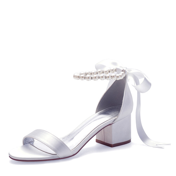 Wedding Shoes Women's Silky Satin Chunky Heel Peep Toe Sandals With Imitation Pearl Ribbon