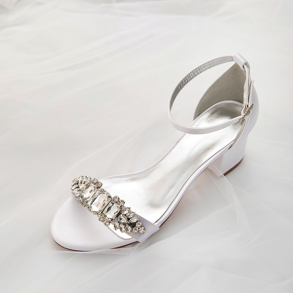 Wedding Shoes Women's Silky Satin Chunky Heel Peep Toe Sandals With Buckle Rhinestone