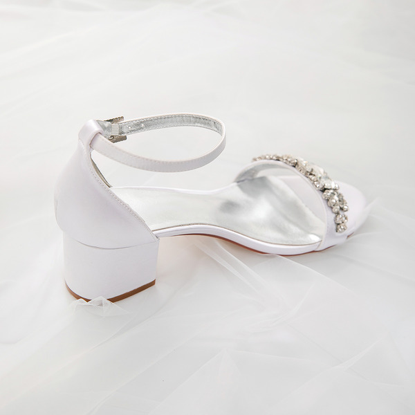Wedding Shoes Women's Silky Satin Chunky Heel Peep Toe Sandals With Buckle Rhinestone