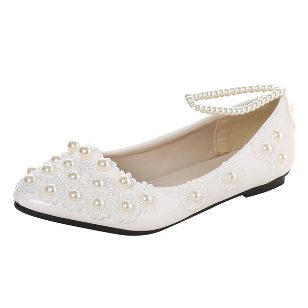 Wedding Shoes Women's Patent Leather Flat Heel Closed Toe Flats With Imitation Pearl Applique