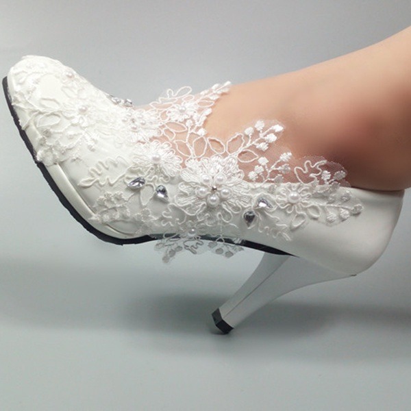 Wedding Shoes Women's Leatherette Stiletto Heel Closed  With Beading Sewing Lace