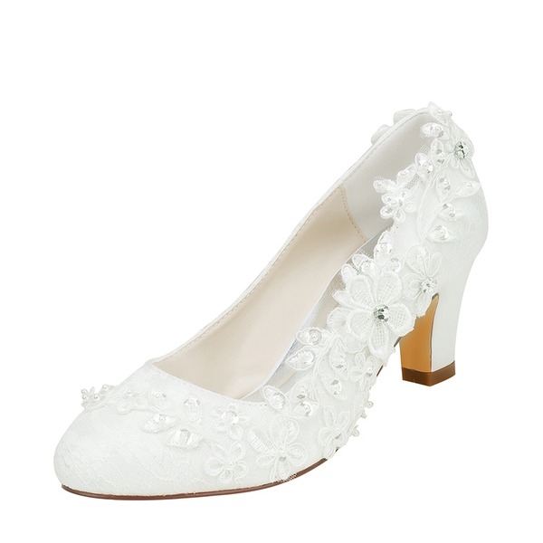 Wedding Shoes Women's Silky Satin Chunky Heel Pumps With Stitching Lace Flower (s) Crystal Pearl