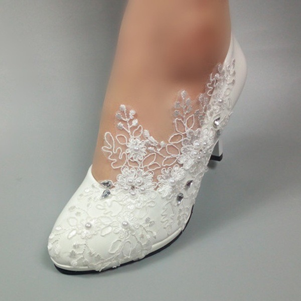 Wedding Shoes Women's Leatherette Stiletto Heel Closed  With Beading Sewing Lace