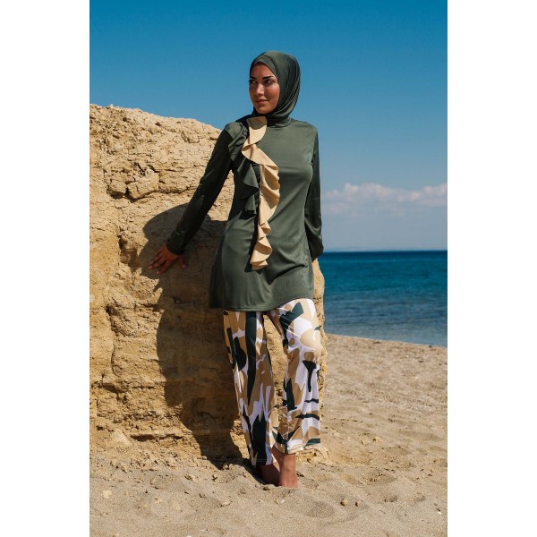 Mayo burkini  Rivamera Women's Khaki Flywheel Design Patterned Hijab Swimsuit R1105