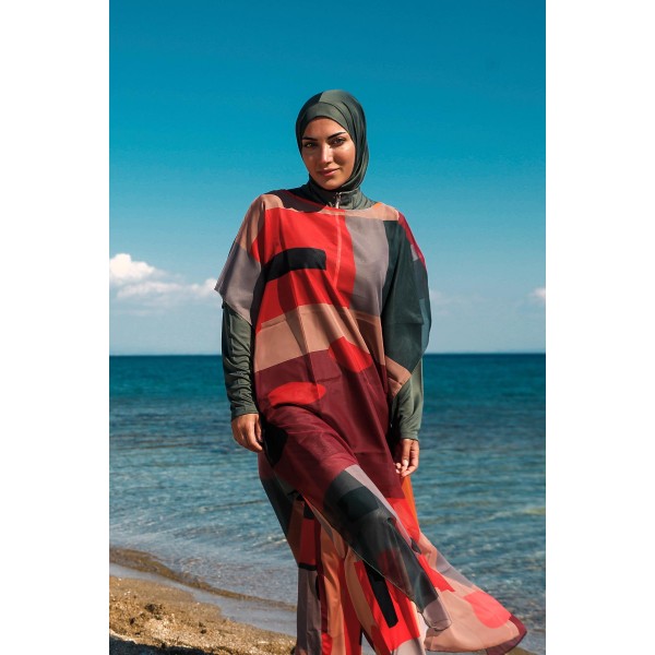 burkini cover Square Patterned Kaftan Kimono Pareo on Marina Hijab Swimsuit P2107