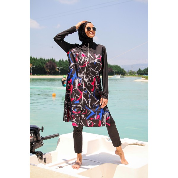 Mayo burkini Marina Black Women's Pattern Detailed Design Hijab Swimsuit M2266