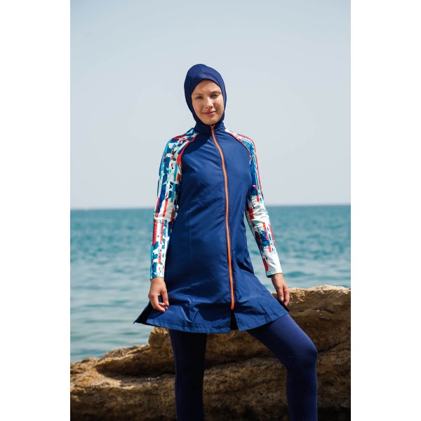 Mayo burkini Marina Navy Blue Women's Pattern Detailed Design Hijab Swimsuit M2267