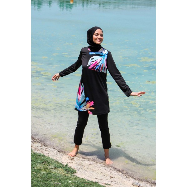 Mayo burkini Marina Women's Black Floral Patterned Design Hijab Swimsuit M2224