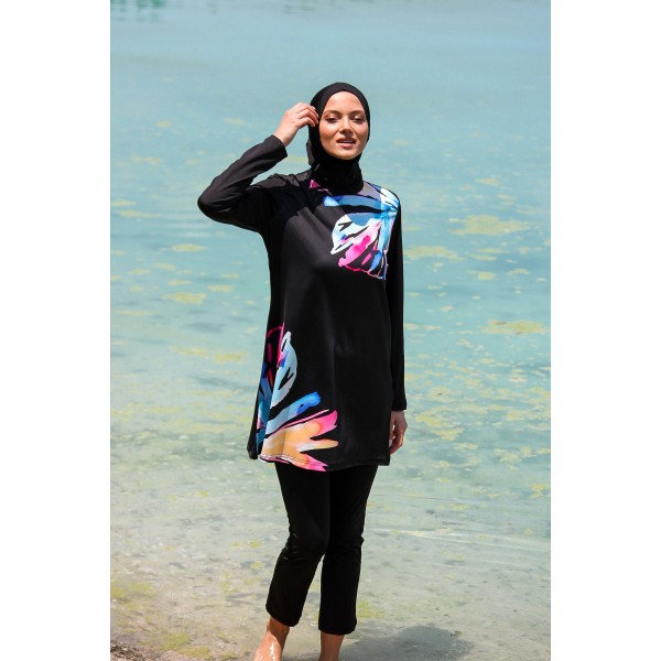 Mayo burkini Marina Women's Black Floral Patterned Design Hijab Swimsuit M2224