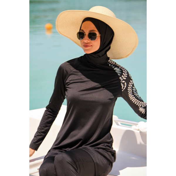 Mayo burkini Marina Women Black Pattern Detailed Design Hijab Swimsuit M2225