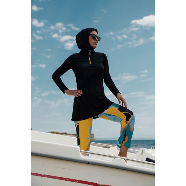 Mayo burkini Rivamera Black Pattern Detailed Hijab Swimsuit R1102