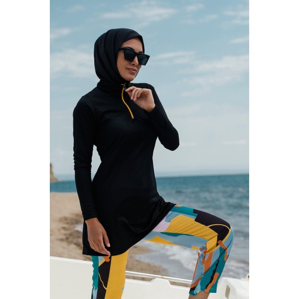 Mayo burkini Rivamera Black Pattern Detailed Hijab Swimsuit R1102