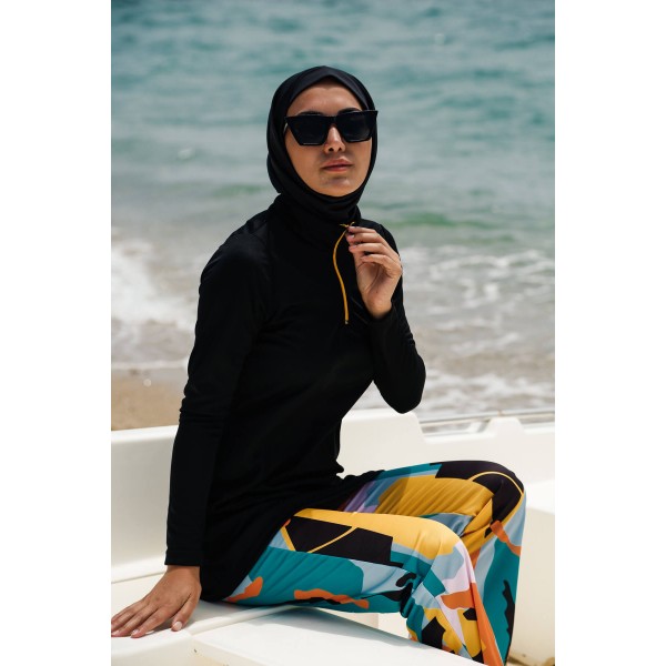 Mayo burkini Rivamera Black Pattern Detailed Hijab Swimsuit R1102