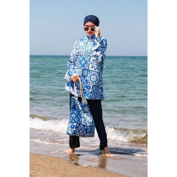 مايوه بوركيني من مارينا باللون الأزرق الداكن المغطى بالكامل بالحجاب 1950