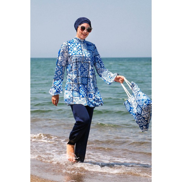 Mayo burkini Marina Navy Blue Tile Pattern Design Fully Covered Hijab Swimsuit 1950