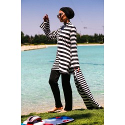 Mayo burkini Marina Black and White Striped Design Fully Covered Hijab Swimsuit 1951