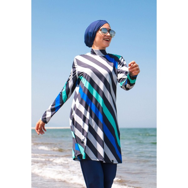 مايوه بوركيني من مارينا أزرق داكن مخطط تصميم مغطى بالكامل للحجاب 1953