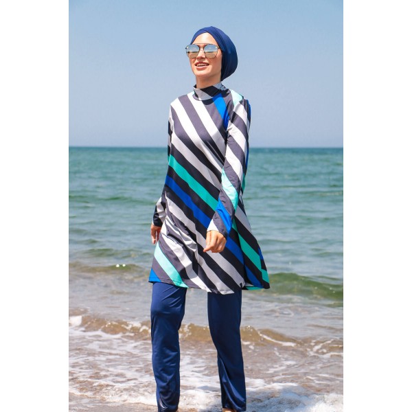 مايوه بوركيني من مارينا أزرق داكن مخطط تصميم مغطى بالكامل للحجاب 1953