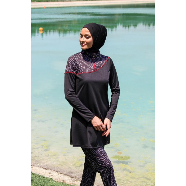 Mayo burkini Rivamera Black Pattern Detailed Hijab Swimsuit R1117