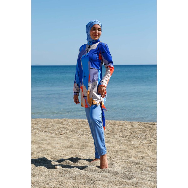 Mayo burkini  Rivamera Turquoise Pattern Detailed Hijab Swimsuit R1109