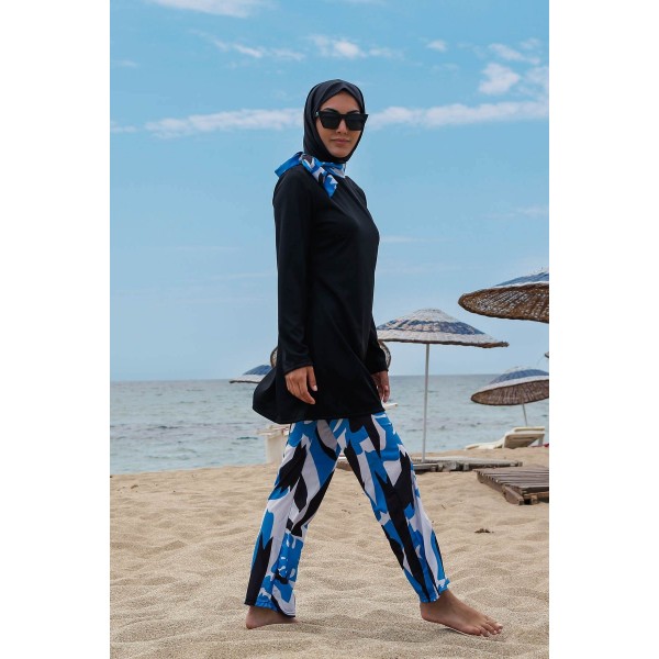 Mayo burkini Rivamera Black Turquoise Pattern Detailed Hijab Swimsuit R1111