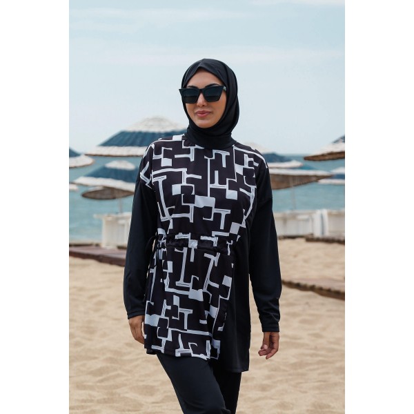 Mayo burkini Rivamera Black Pattern Detailed Hijab Swimsuit R1113