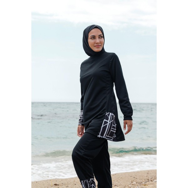 Mayo burkini Rivamera Black Pattern Detailed Hijab Swimsuit R1114