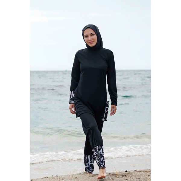 Mayo burkini Rivamera Black Pattern Detailed Hijab Swimsuit R1114