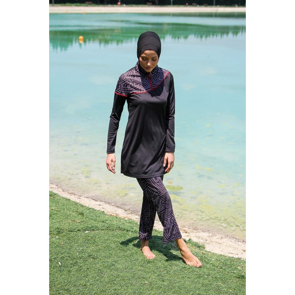 Mayo burkini Rivamera Black Pattern Detailed Hijab Swimsuit R1117