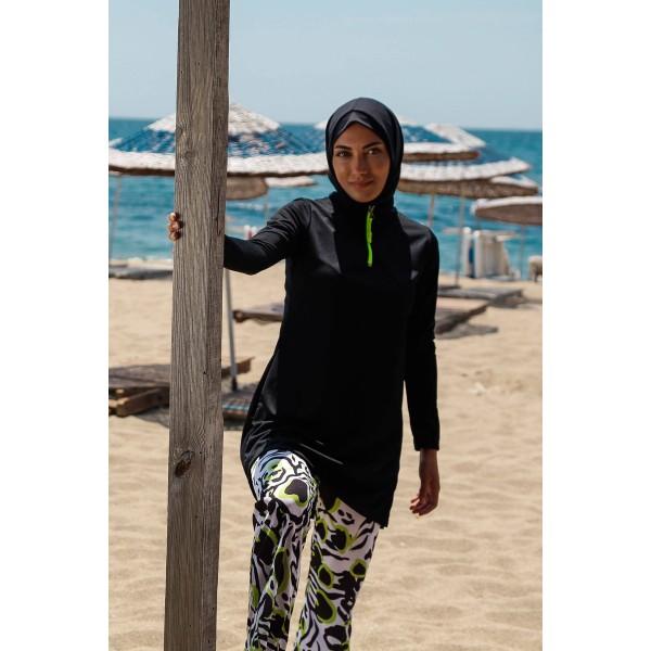 Mayo burkini  Rivamera Pattern Detailed Black Hijab Swimsuit R1116