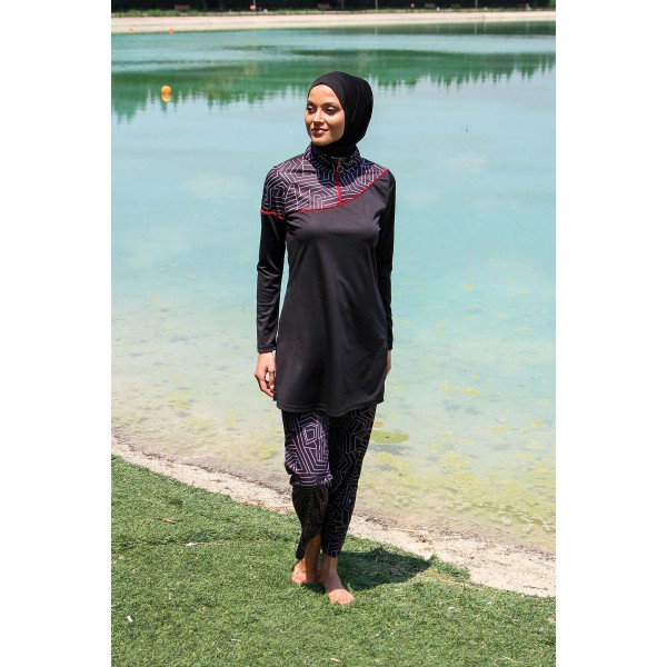 Mayo burkini Rivamera Black Pattern Detailed Hijab Swimsuit R1117