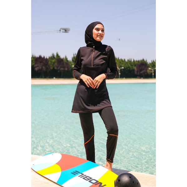 Mayo burkini  Rivamera Women's Black Stripe Detailed Design Hijab Swimsuit R1122