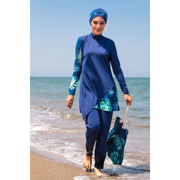 Mayo burkini Marina Navy Blue Women's Leaf Pattern Detailed Design 3 Piece Hijab Swimsuit M2125